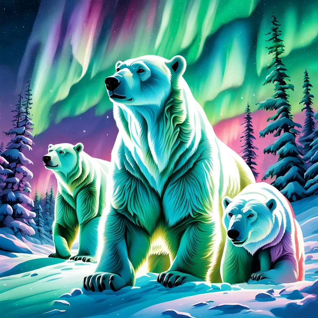 Polar Bears Under Aurora Borealis in Arctic Snow