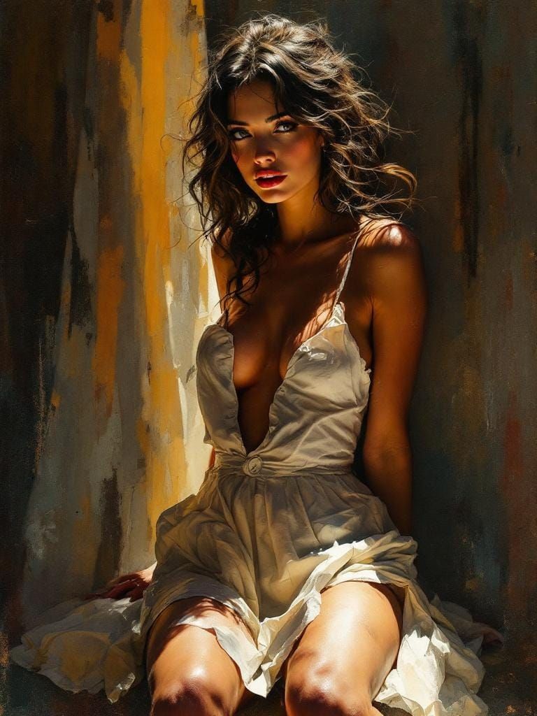 Figure in White Dress with Dramatic Lighting