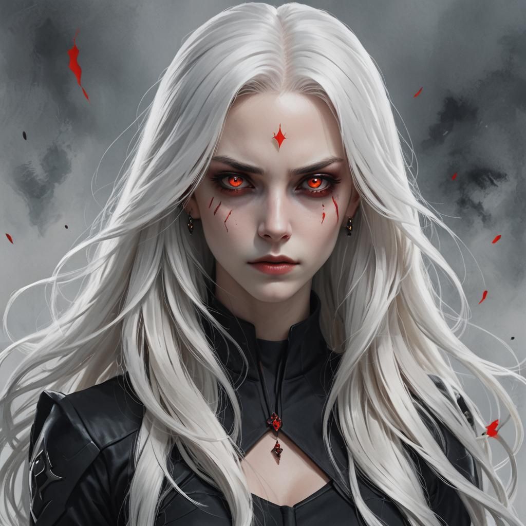 Fierce Woman with White Hair and Red Eyes