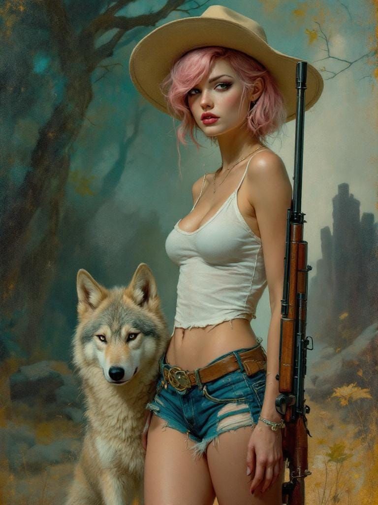 Punk Woman and Wolf in Impressionist Style