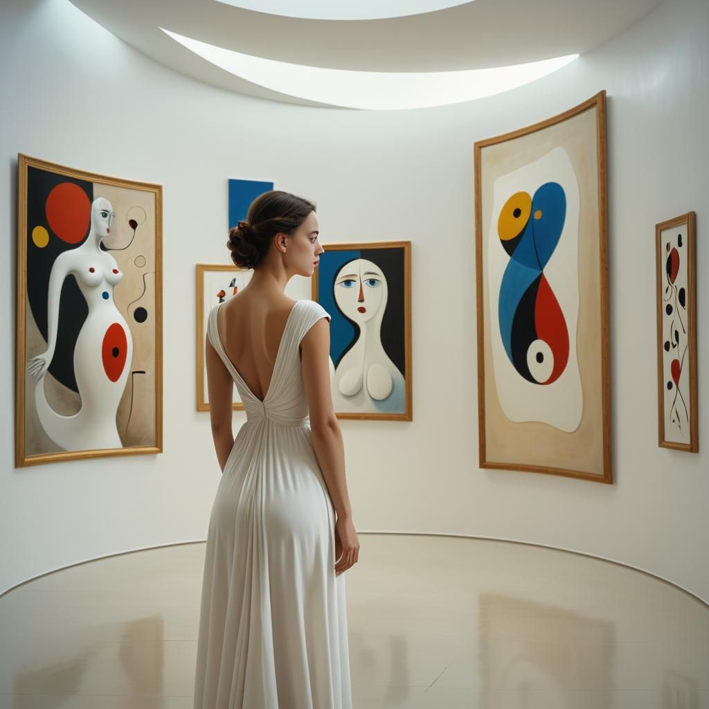 Woman in Gallery Viewing Miró Art in Surreal Style