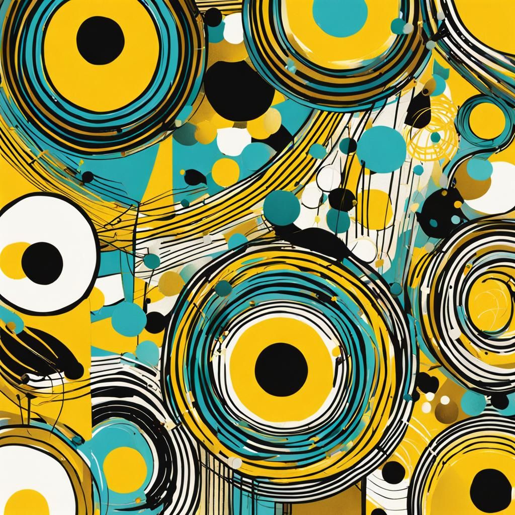 Abstract Expressionist Lines and Circles in Gold and Blue