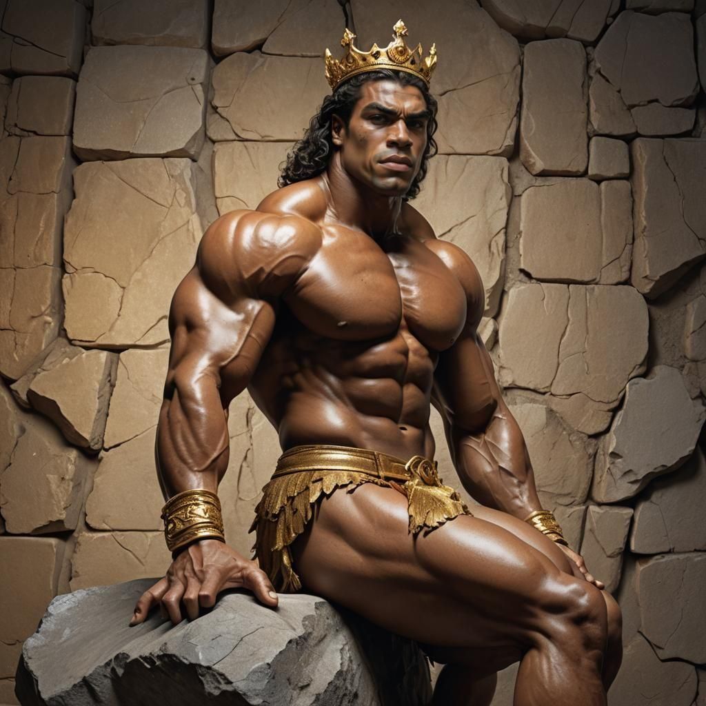 Colossal Bodybuilder King on Stone Throne