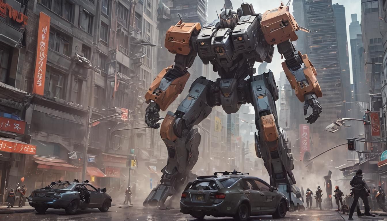 Mechs Clash in a Futuristic Cityscape