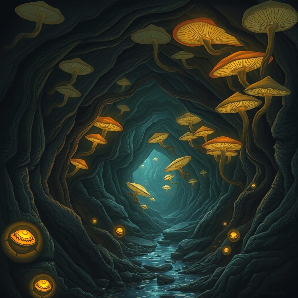 Surreal Subconscious Sanctuary Lit by Glowing Fungi
