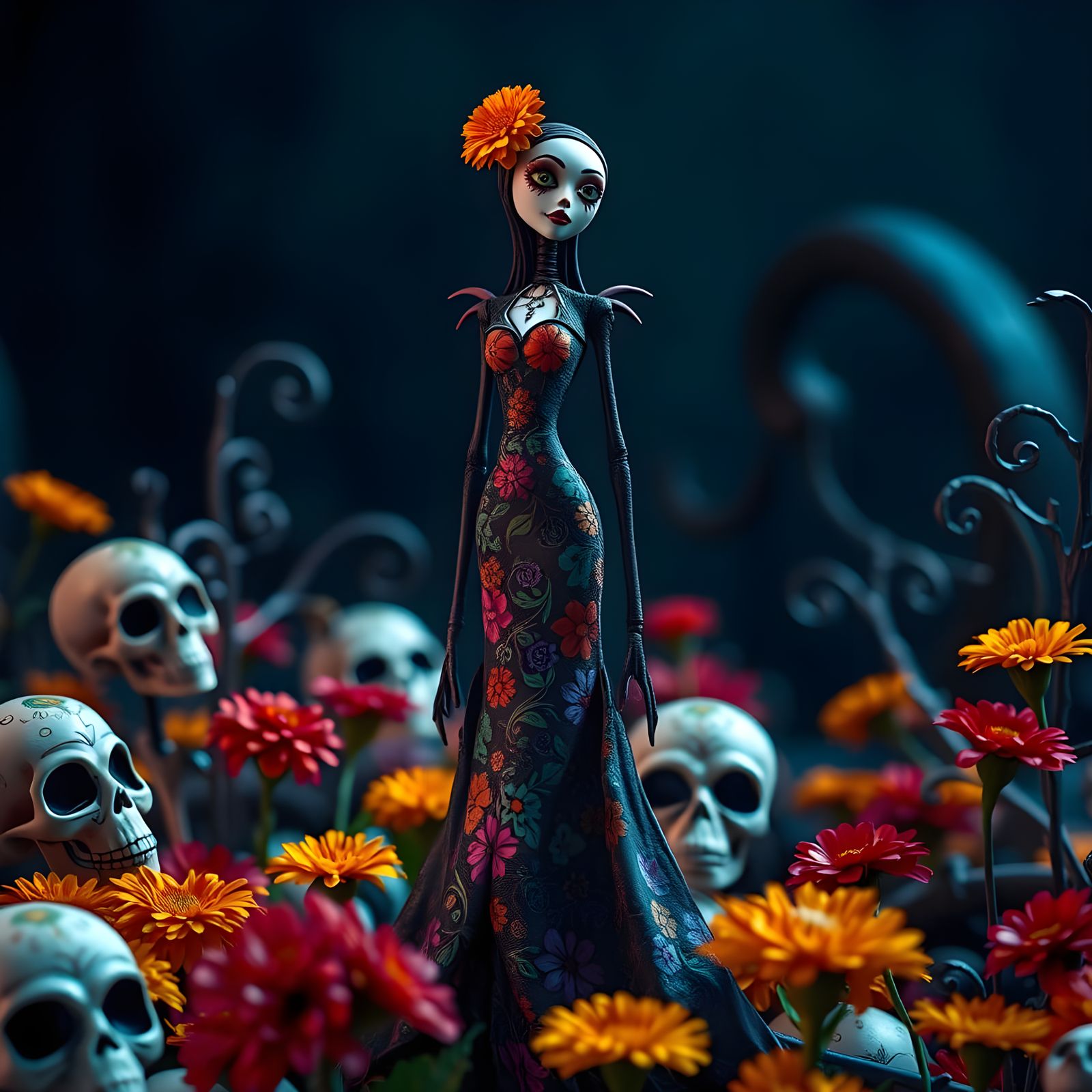 Spindly Figure in Dia de los Muertos Dress in Tim Burton Sty...