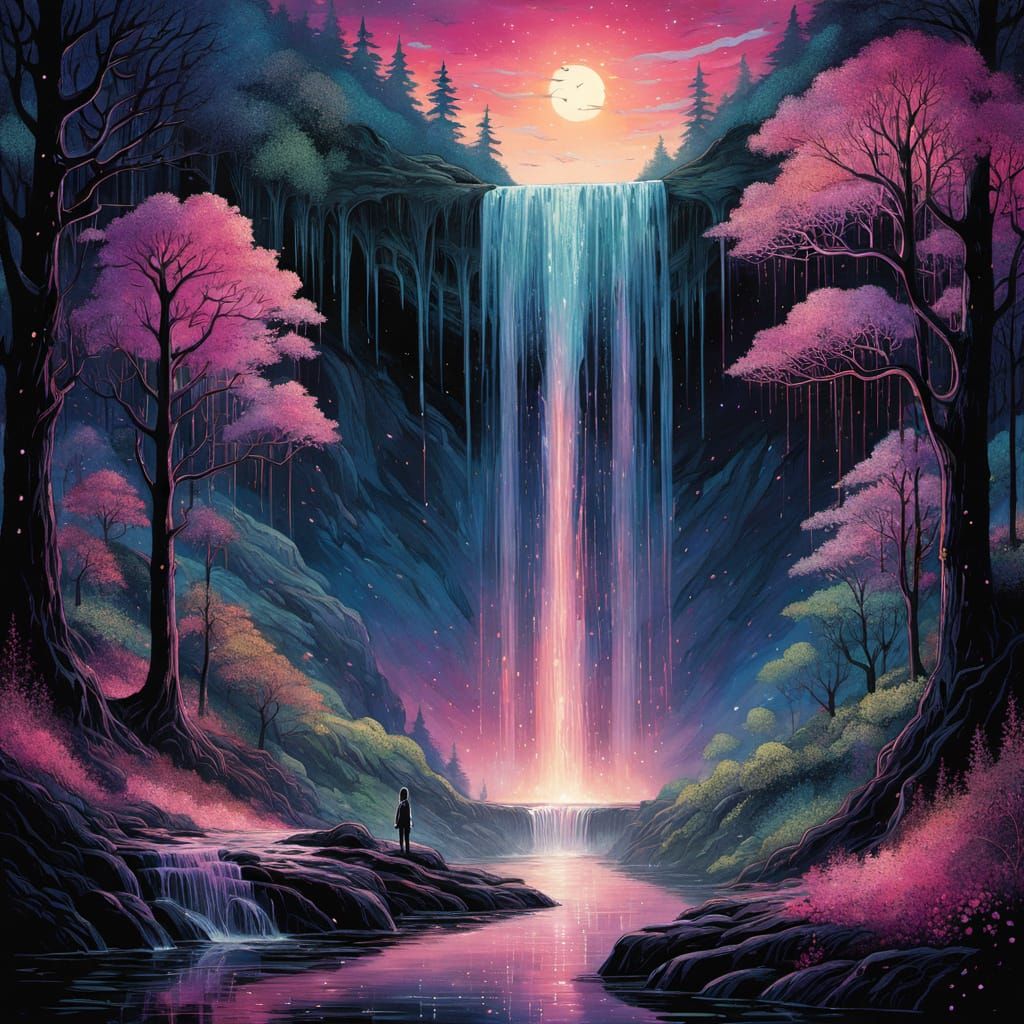 Stardust Waterfall, Shimmering Rosy Sunset Forest.