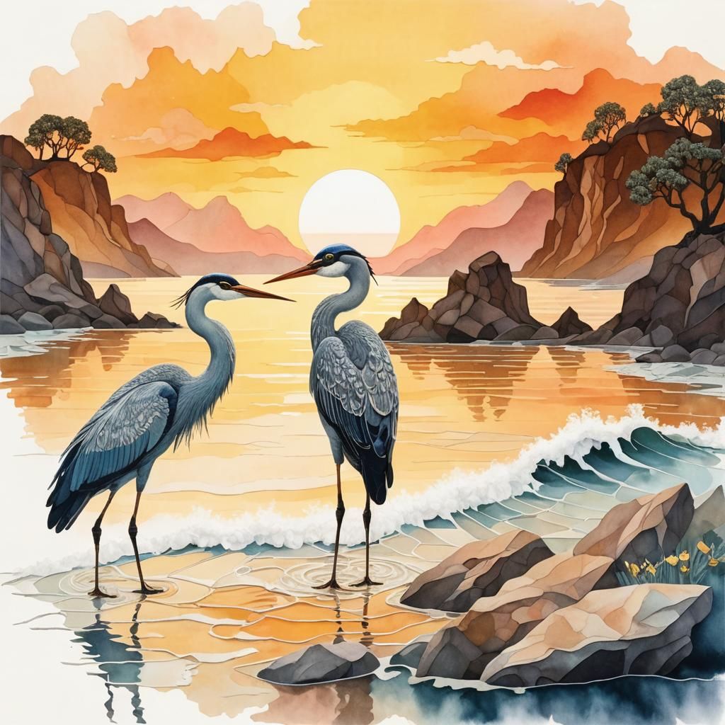 A surreal beach cove under the twilight sun.