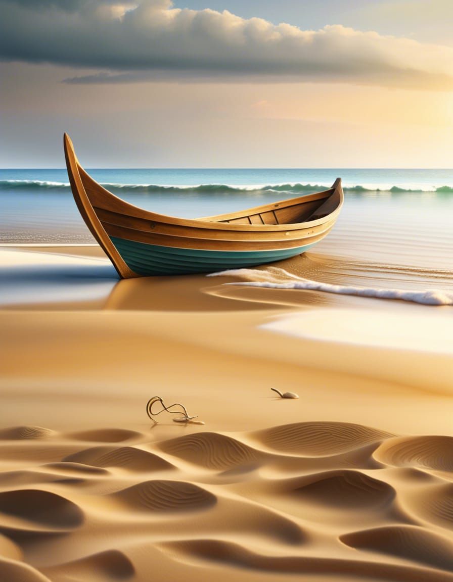 Serene Wooden Boat Resting on Sandy Beach