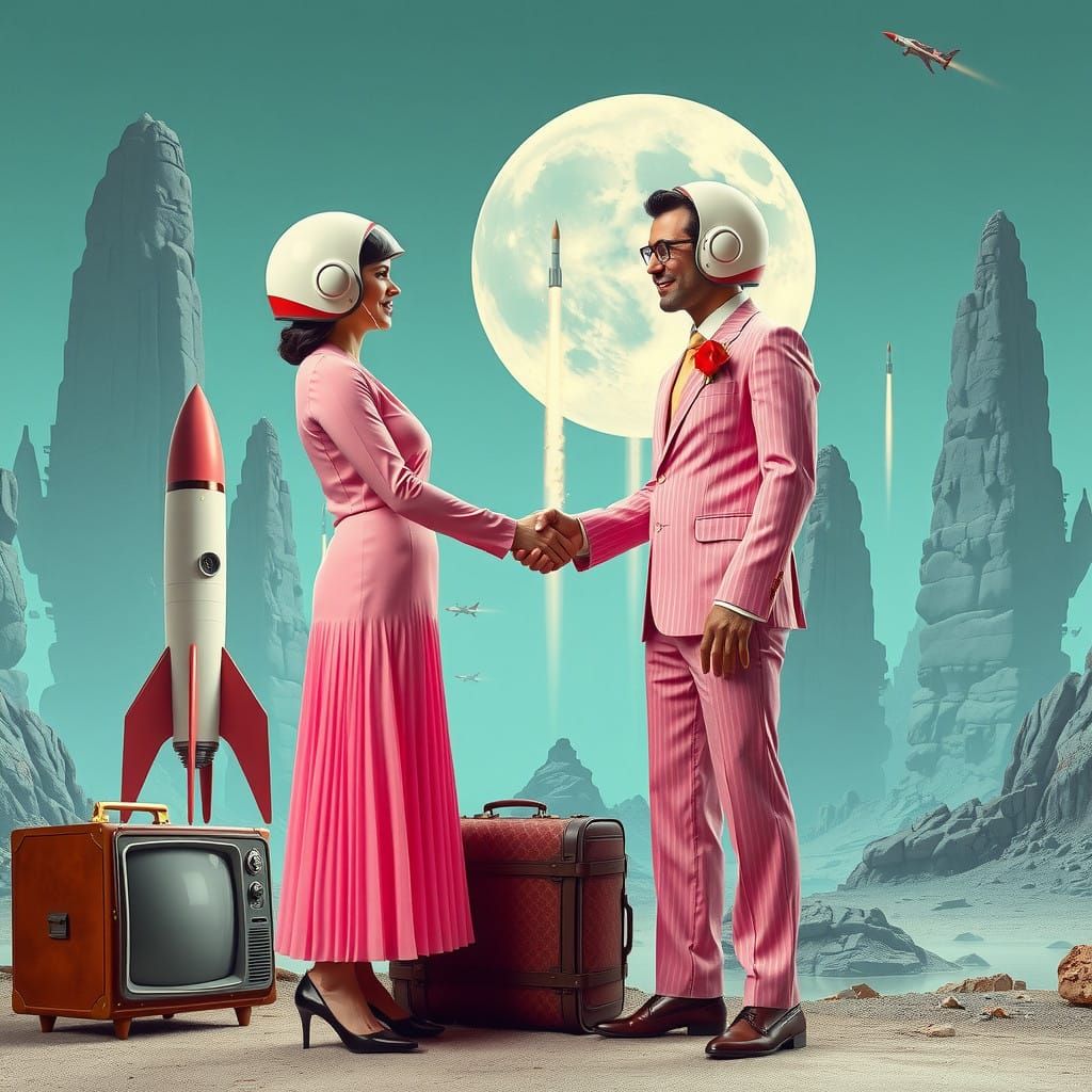 Surreal Futuristic Scene of Man and Woman Shaking Hands on a...