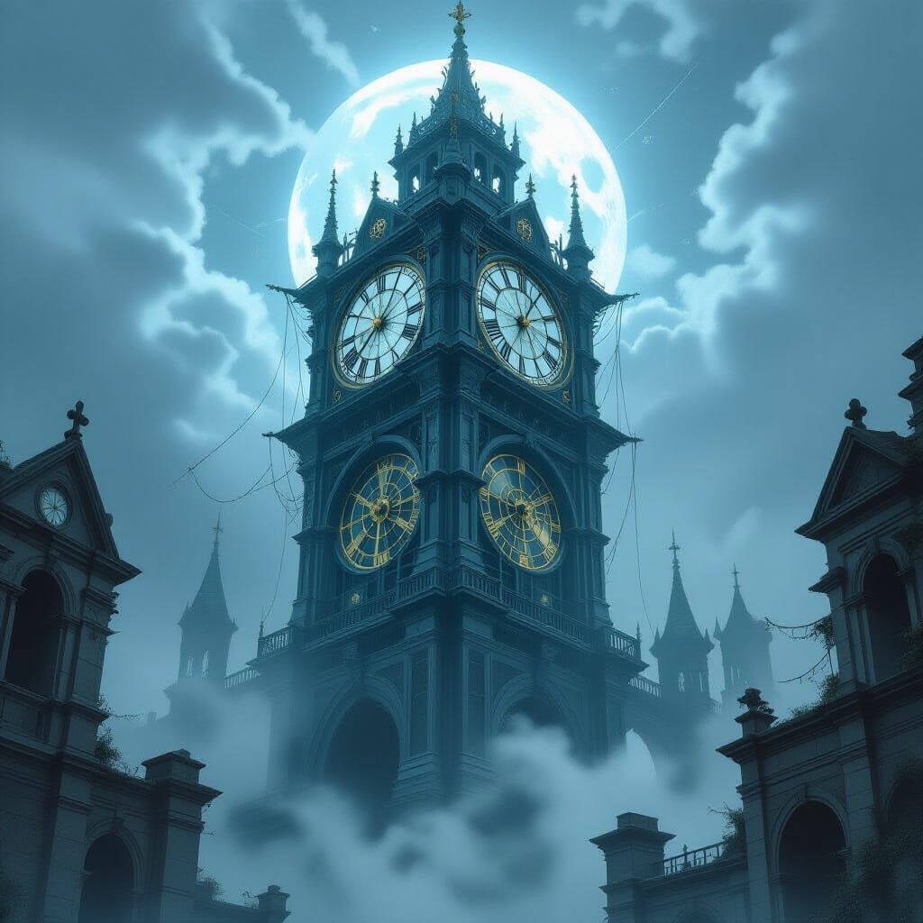 Ancient Spiderweb Clock Tower in Ethereal Moonlight