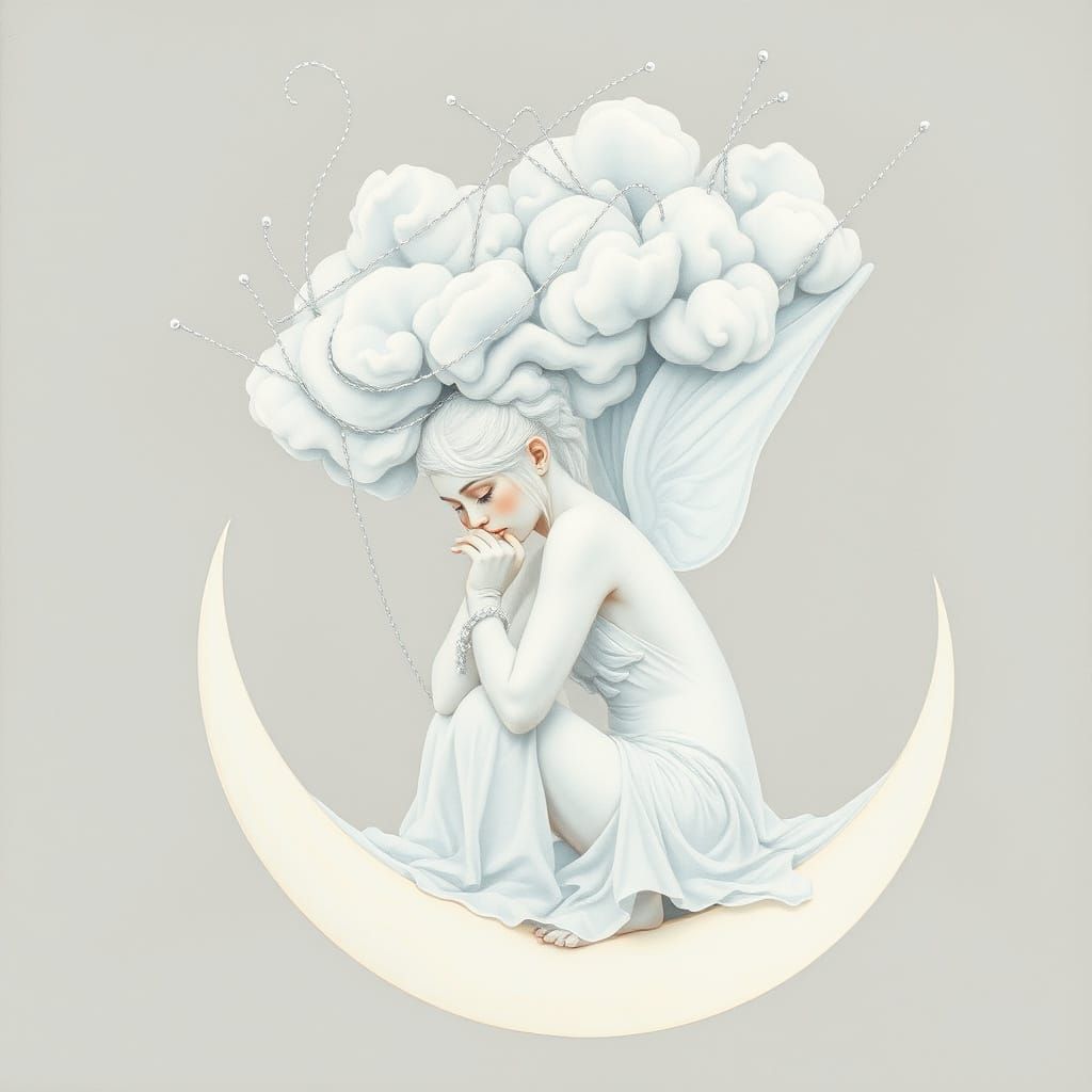 Ethereal Fairy Ghost on Moon in Watercolor Style