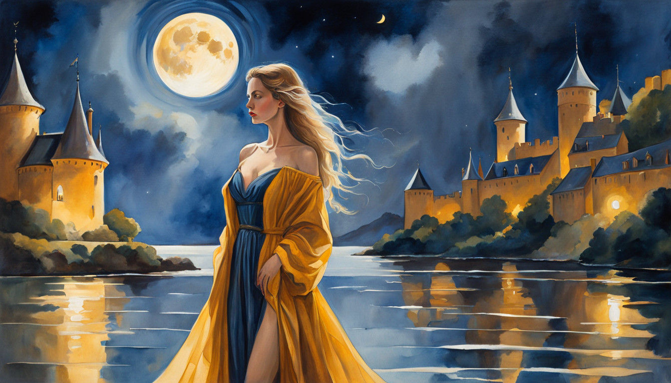 Mysterious Woman Stares at the Moon Under a Dark and Stormy...