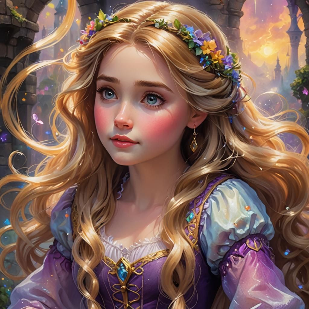 Adorable Rapunzel Portrait with Flowing Watercolor Effects