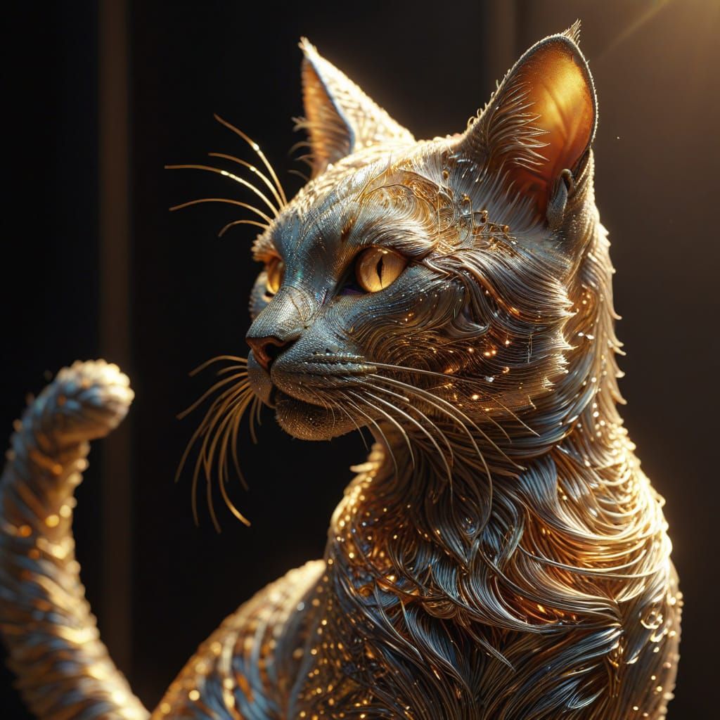 Intricate Gold Thread Cat Silhouette in Ethereal Glow