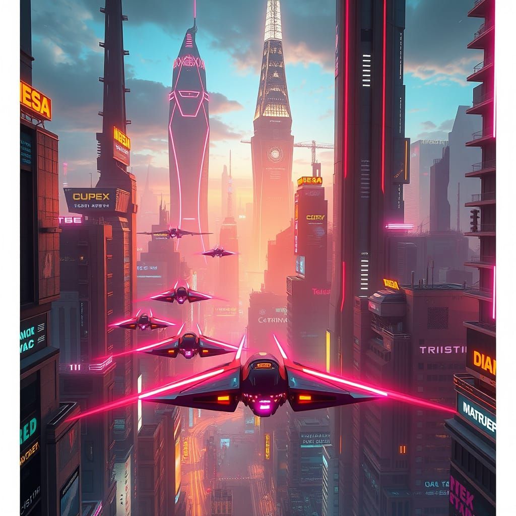 Futuristic Neon Metropolis with Hovering Vehicles