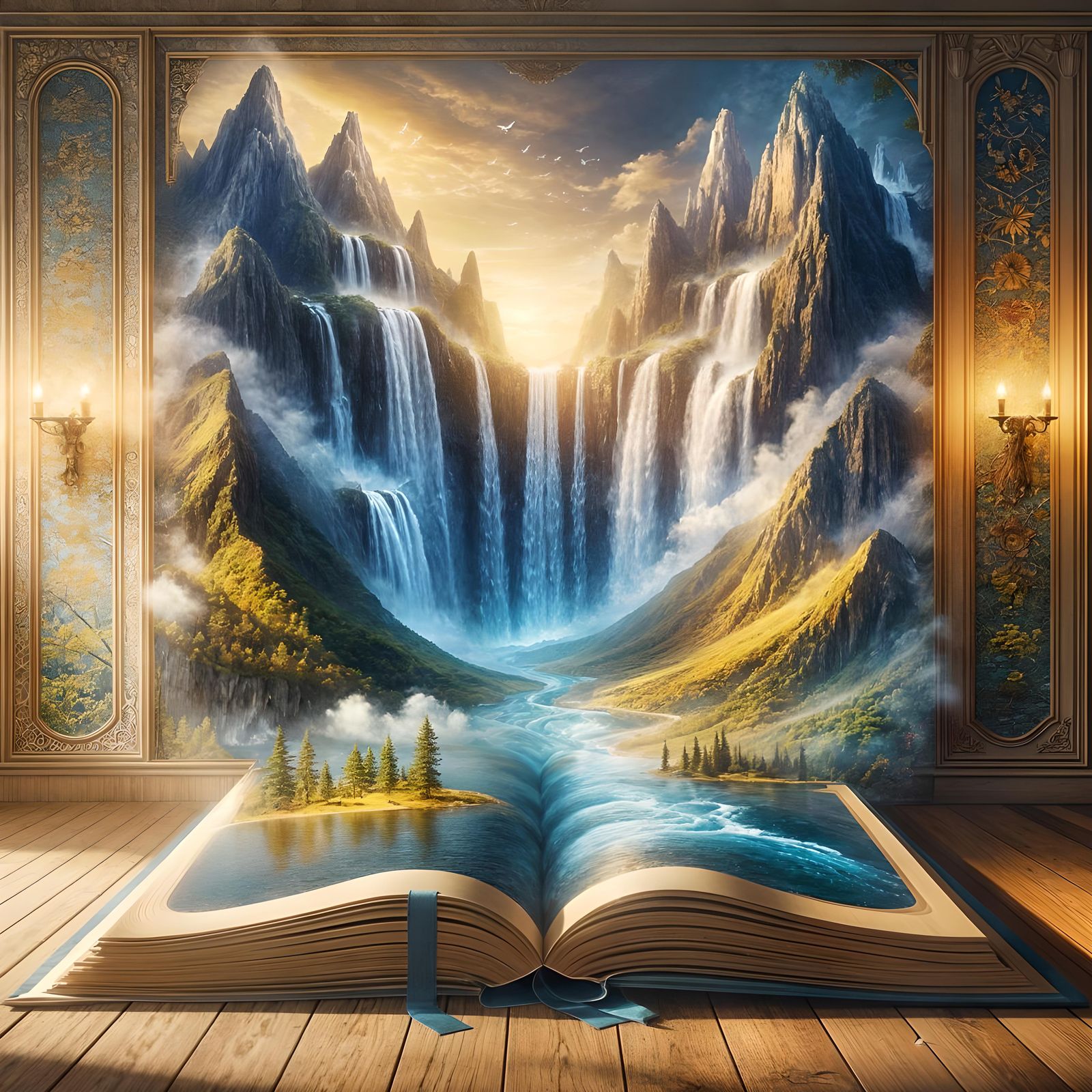 Magical Landscape Flowing from Open Book