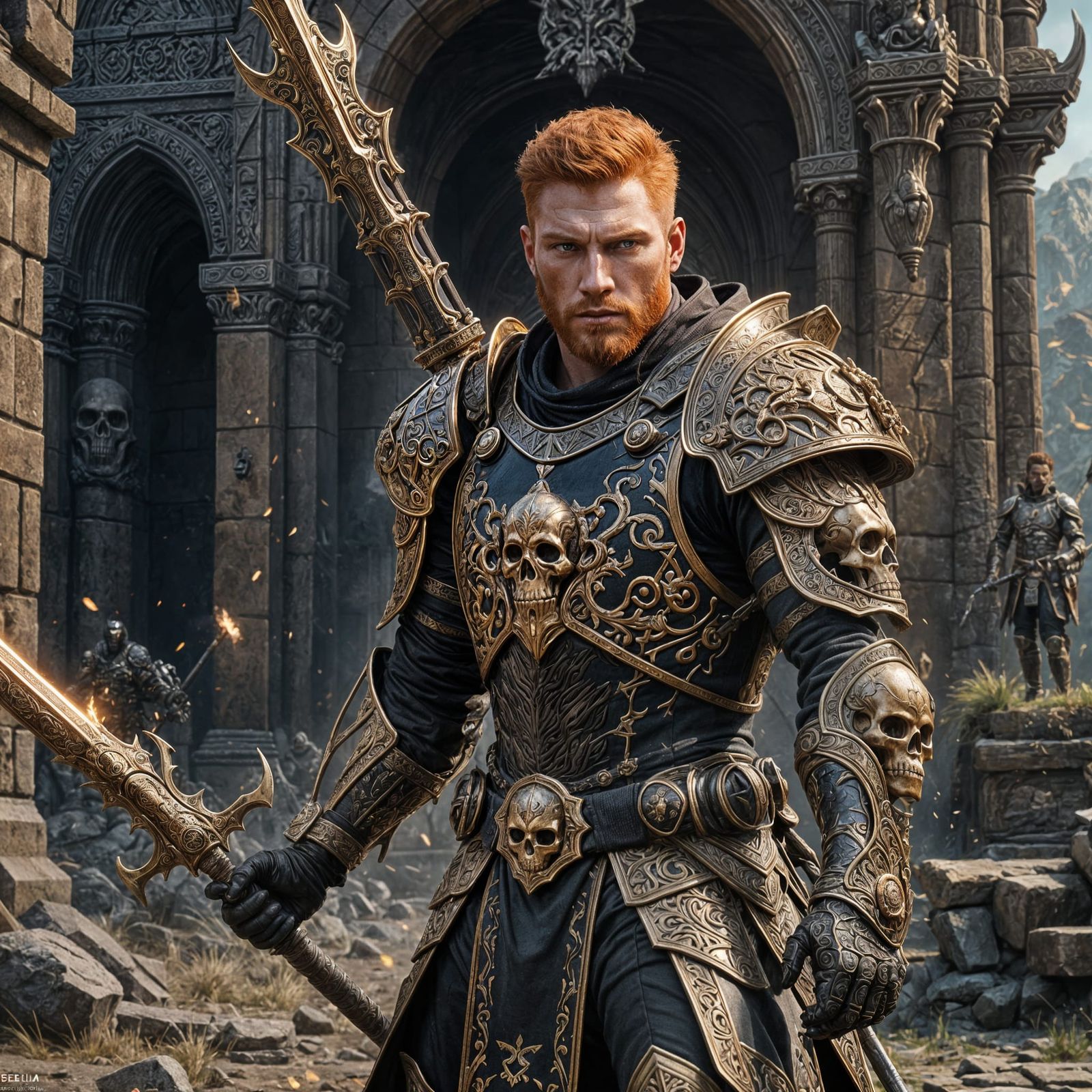 Ginger Warrior in Intricate Skull Armor Concept Art