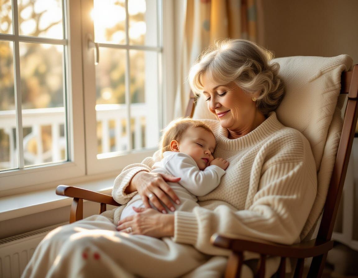 Grandmother and Infant Sleeping Peacefully in Sunny Nursery