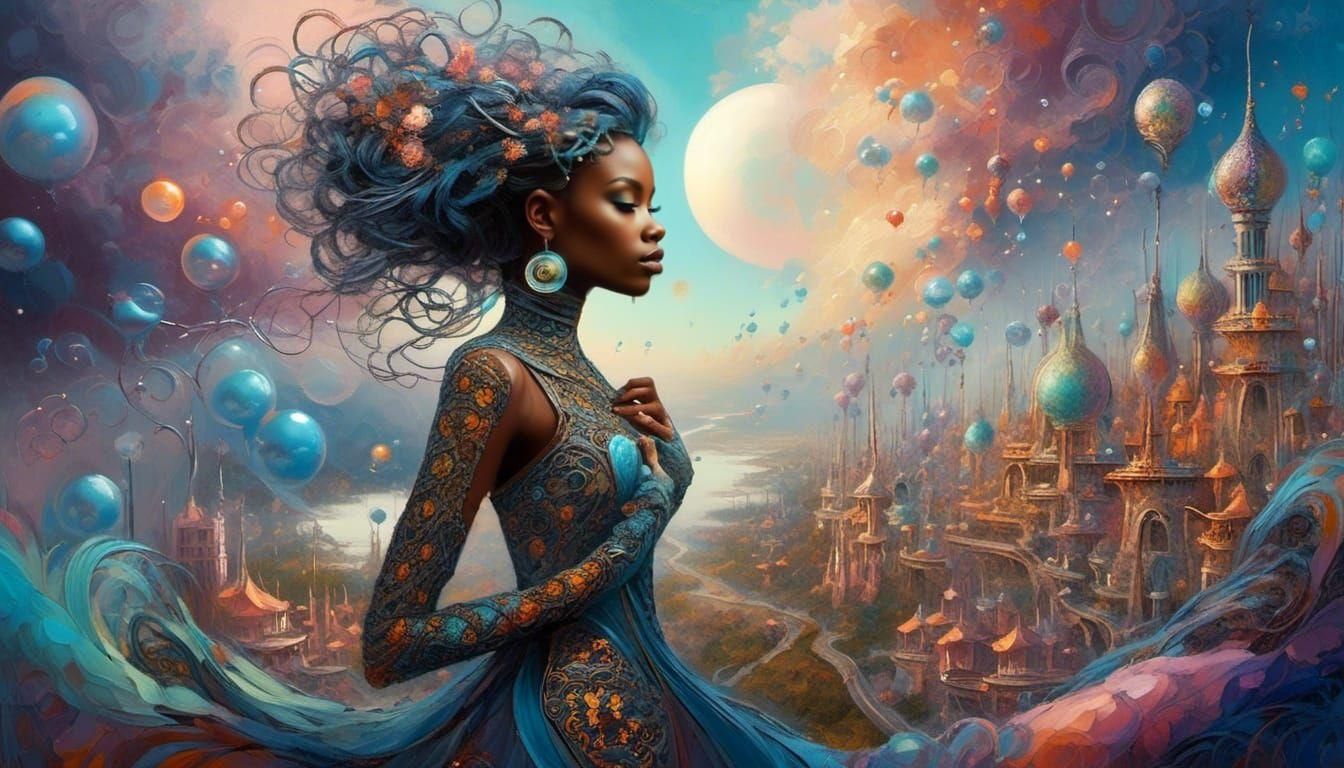 Futuristic Pixie Woman in a Surreal Dream City