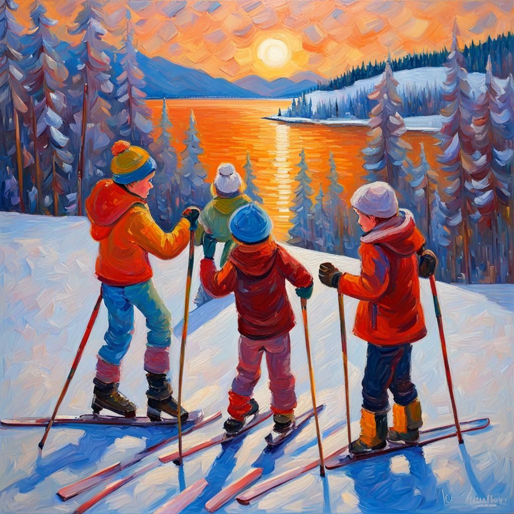 Children Enjoying Hot Chocolate After Skiing: Expressionist ...