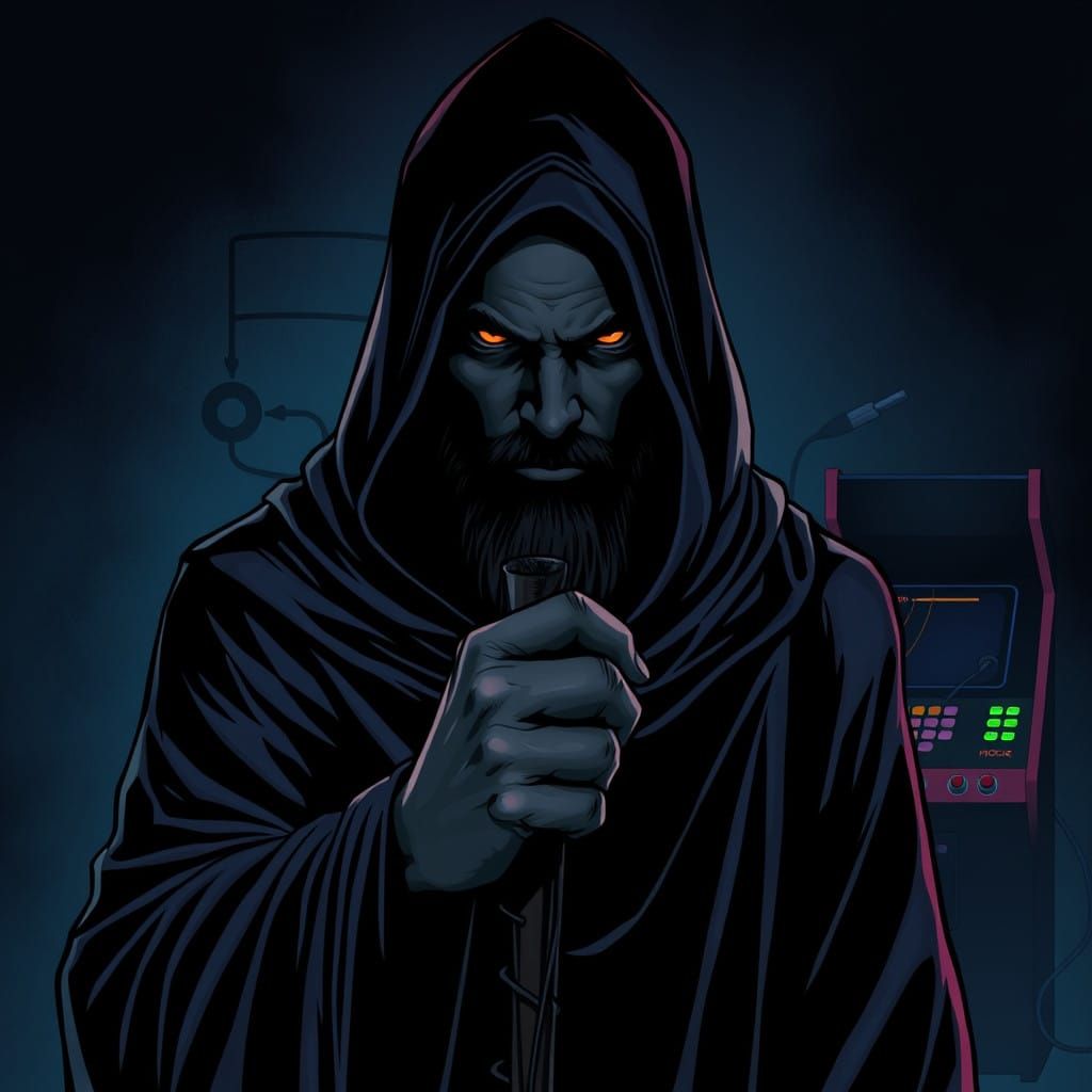 Dark Sorcerer in Hooded Cloak, Holding Staff Amidst Retro Ga...