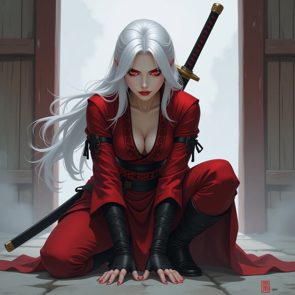 Kunoichi Crouching in Shadows with Sword