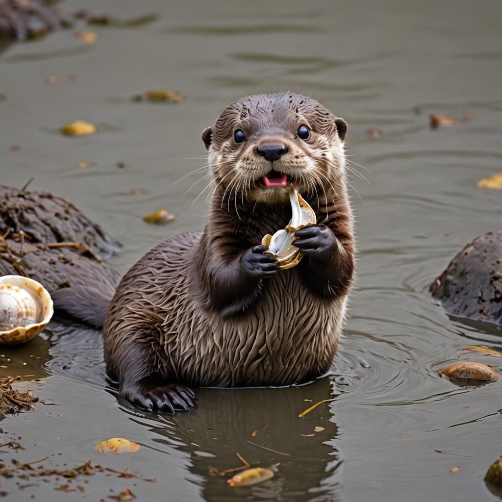 Adorable Baby Otter Holding a Clam Shell