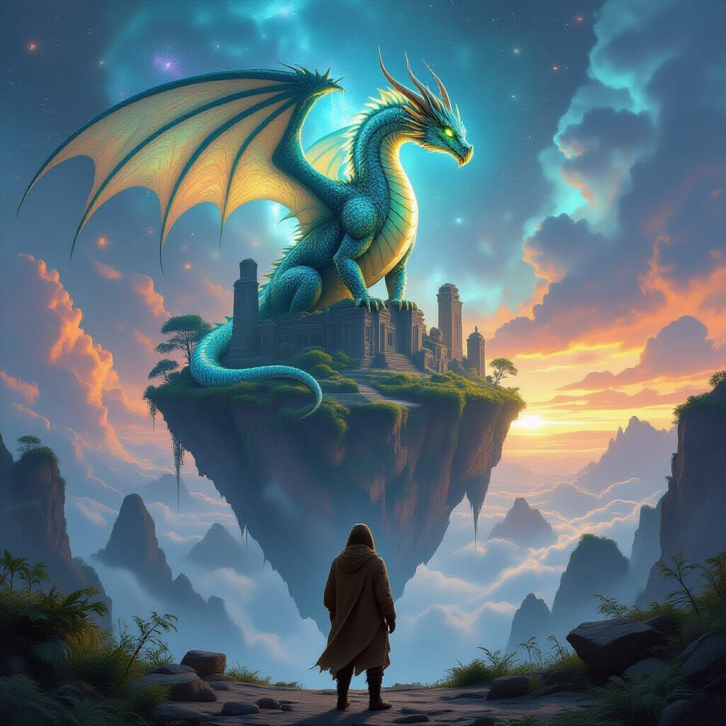 Bioluminescent Dragon on Floating Island in Hyperrealistic S...
