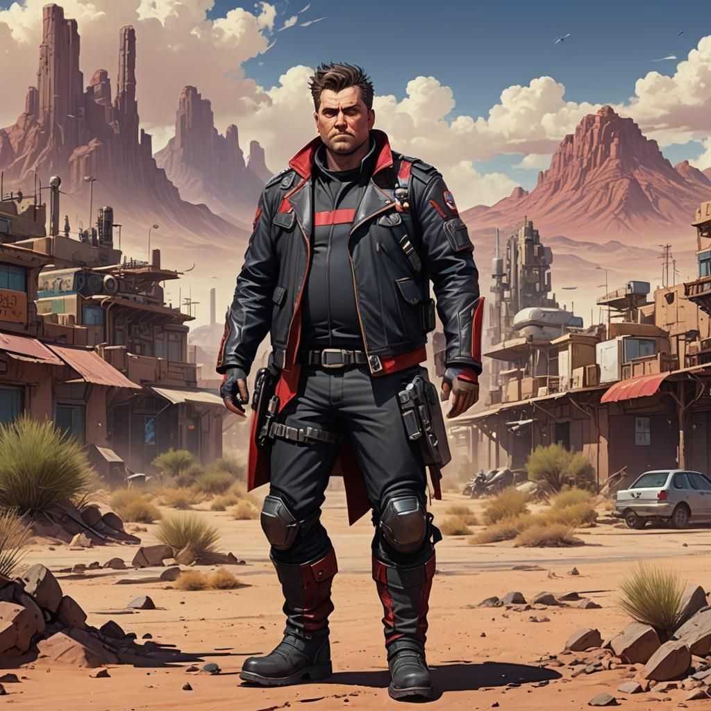 Anime Sci-Fi Engineer in Desert Town, 2D Render