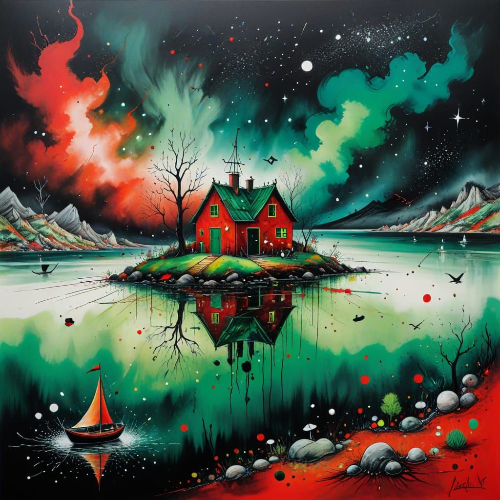 Magical Cabin on Fantasy Shore in Ink Painting Style