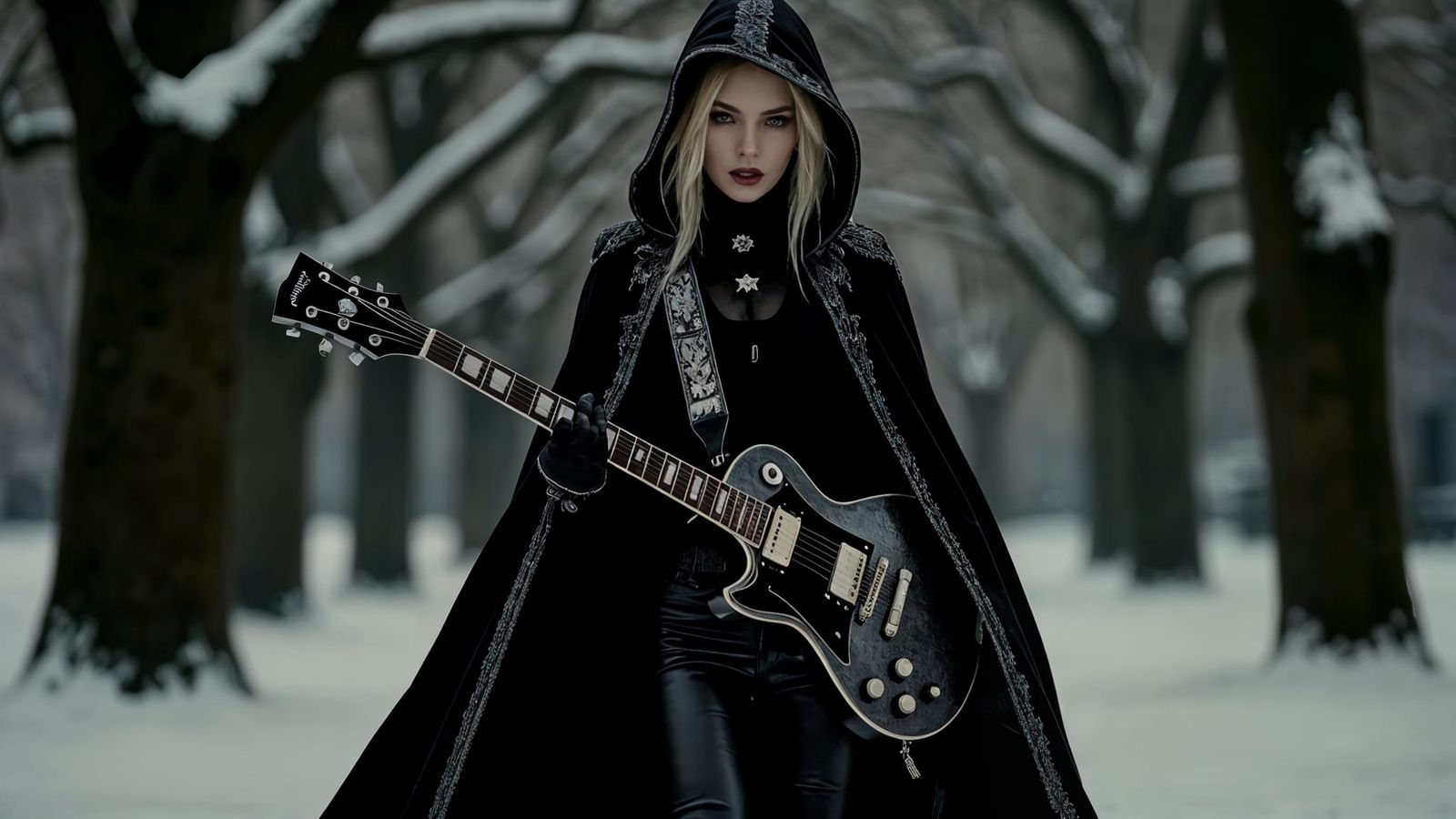 Goth Goddess in Winter Cityscape