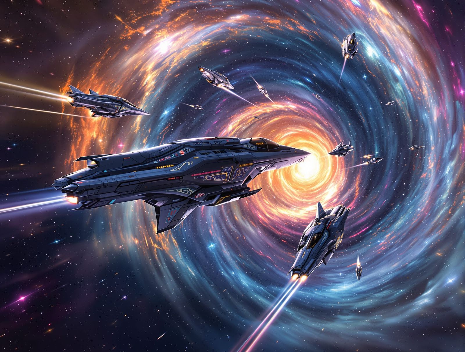 Silver Spacecraft Fleet Navigating Cosmic Wormhole