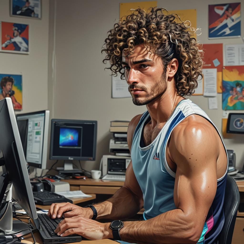 Hyperrealistic Man at Desk with Colorful Background