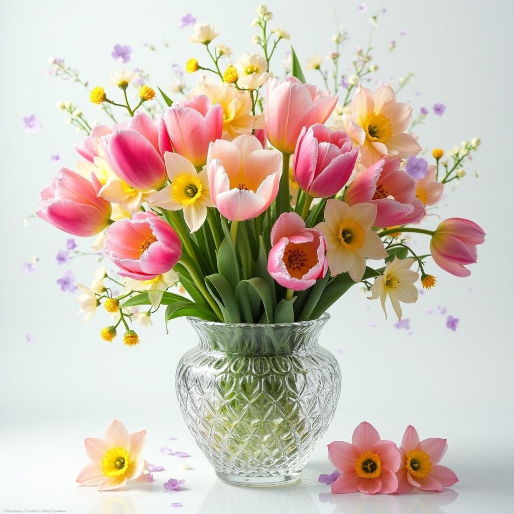 Crystal Vase Blooms with Vibrant Tulips and Narcissus in Iri...