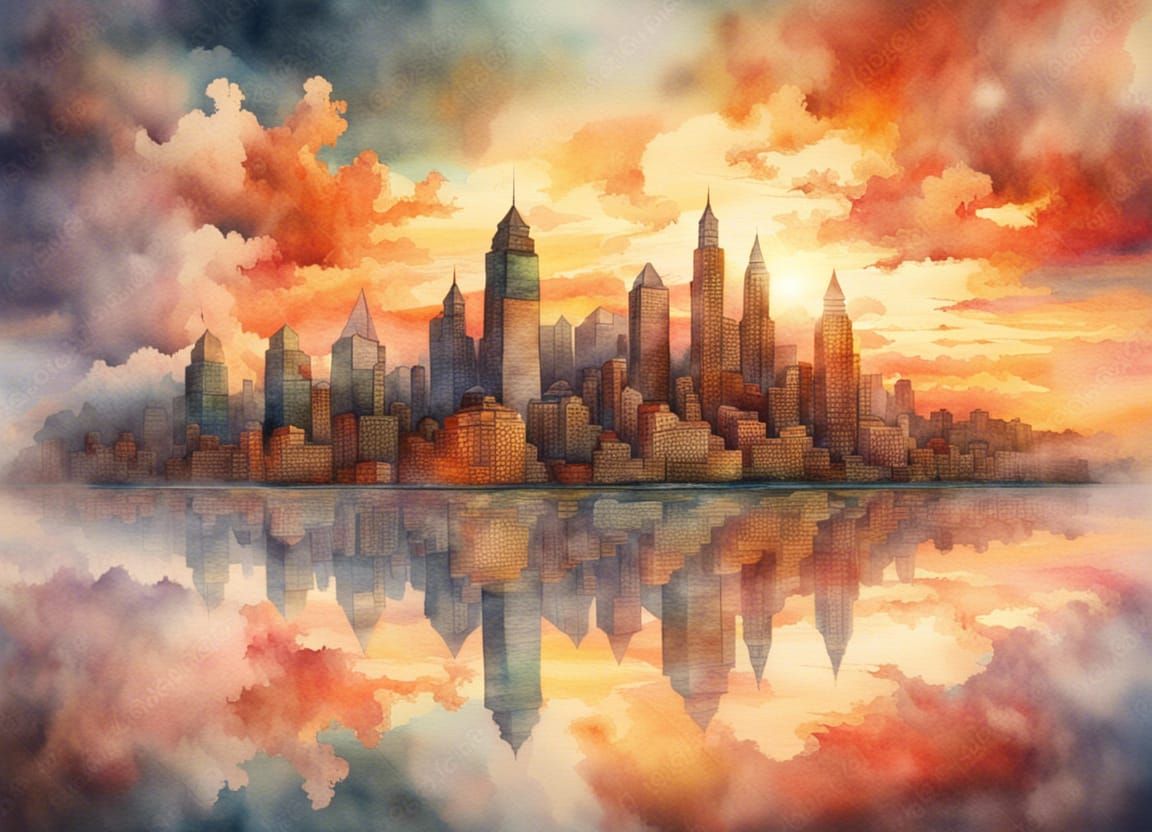Watercolor City in the Clouds at Sunset