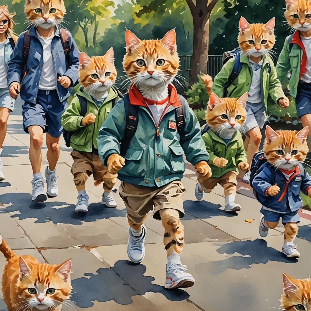 Kittens Hurry to School: Gouache Impressionist Painting