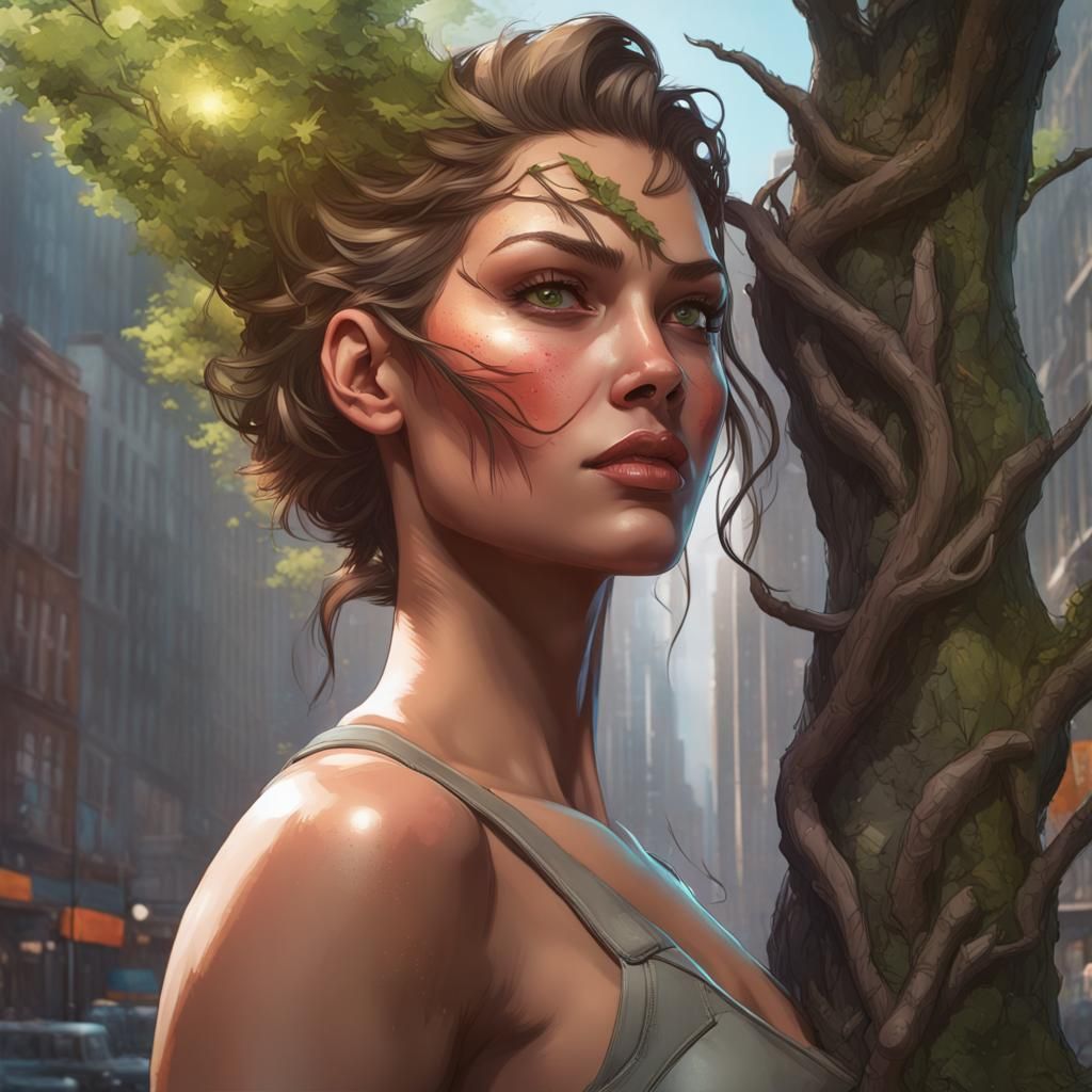 Woman Hero with Tree Powers, Hyperdetailed Portrait