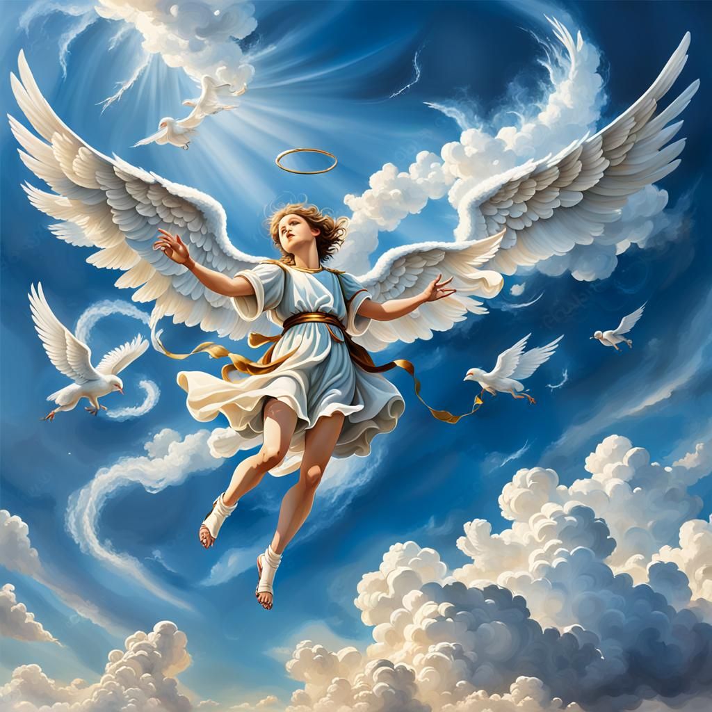 Angel Soaring Through Clouds: Detailed Matte Painting