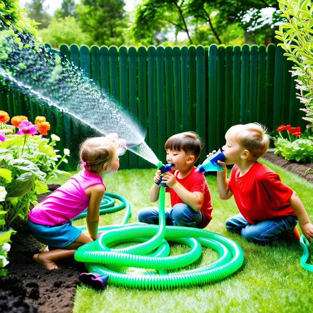 Children Share Water Hose on Summer Day