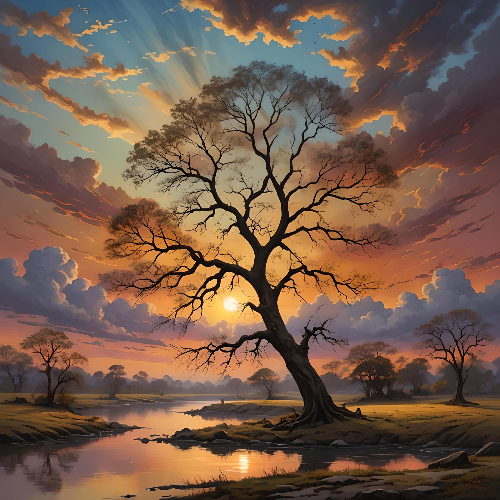 Vibrant Sunset Over Orinoco River with Lonely Tree