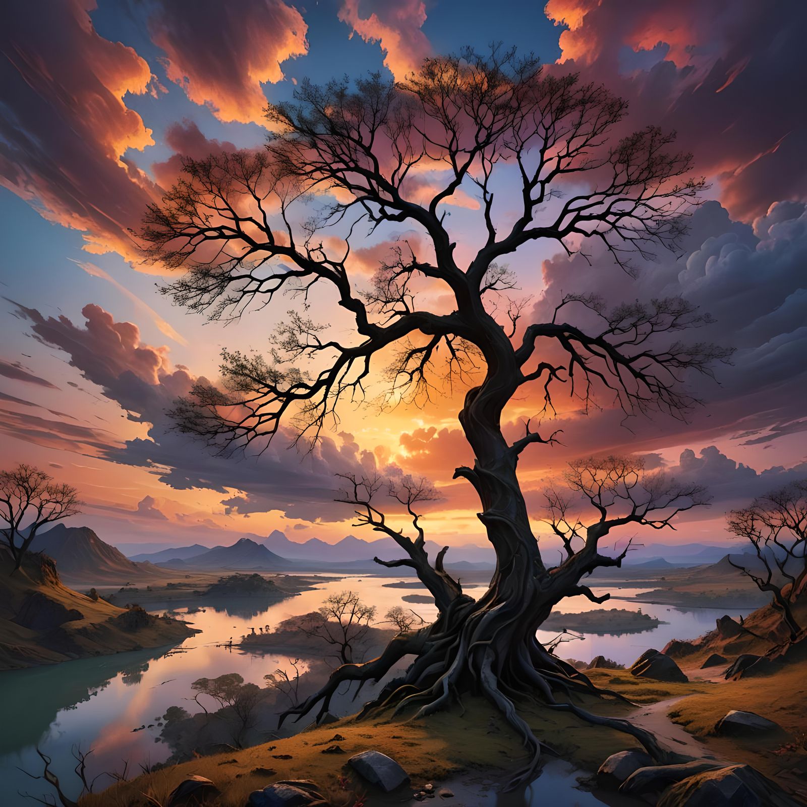 Vibrant Sunset Over River With Lonely Tree