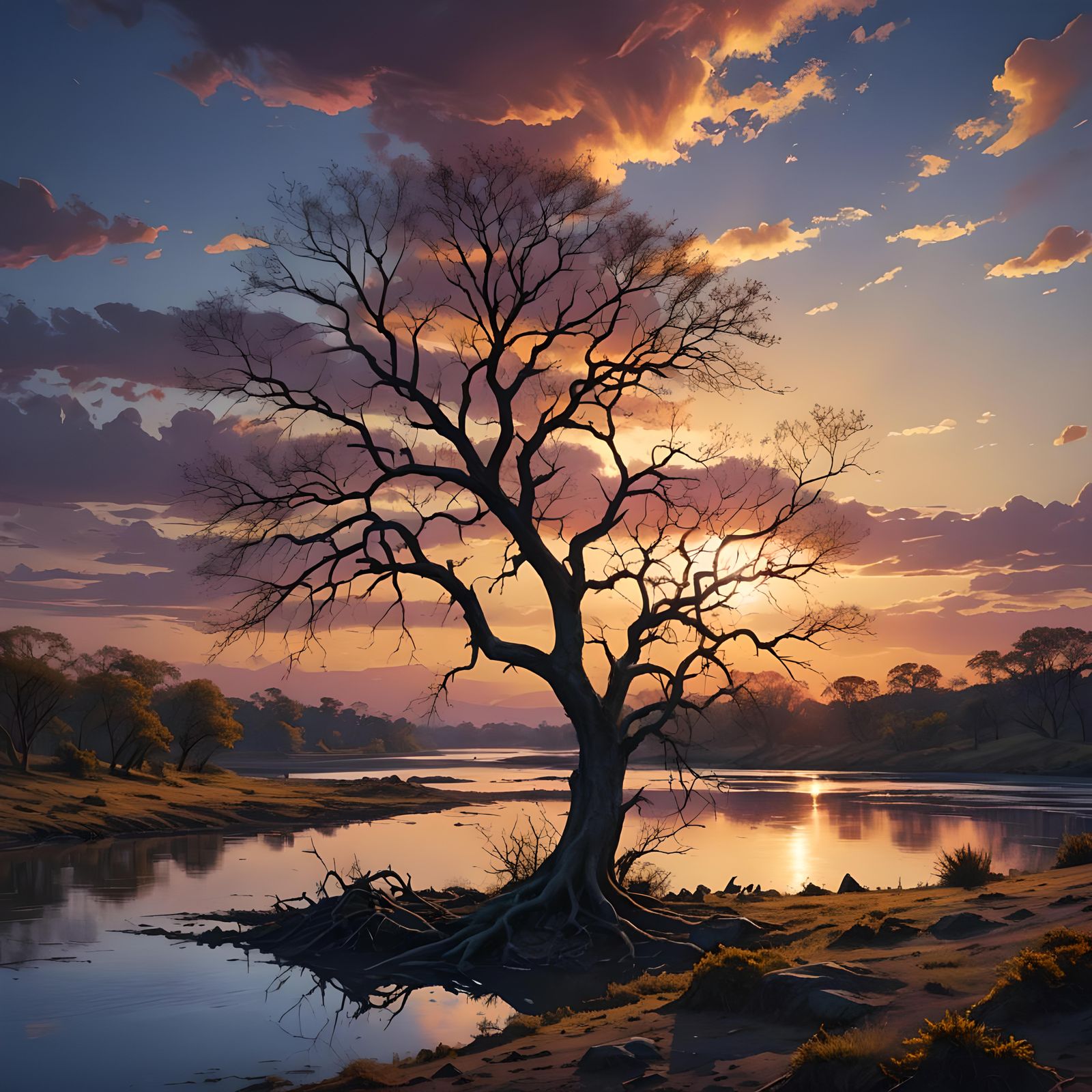 Vibrant Sunset Scene with a Lonely Tree on the Orinoco River