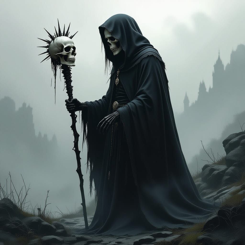 Grim Reaper with Raven Skull Cane in Foggy Mist