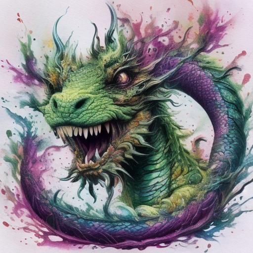 Psychedelic Watercolor Chibi Dragon with Blooming Colors