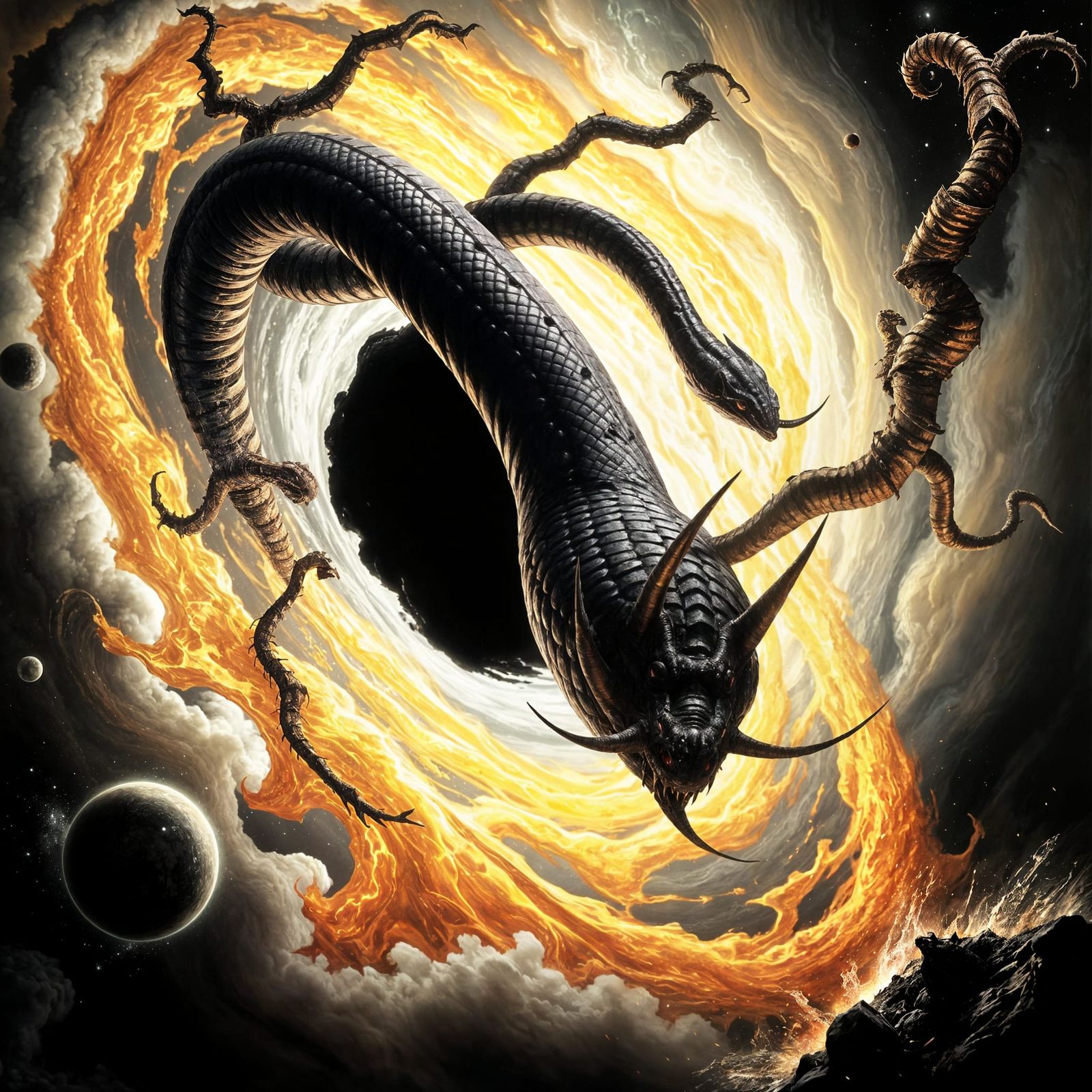 Cosmic Serpent Devours Star in Horror Art Style