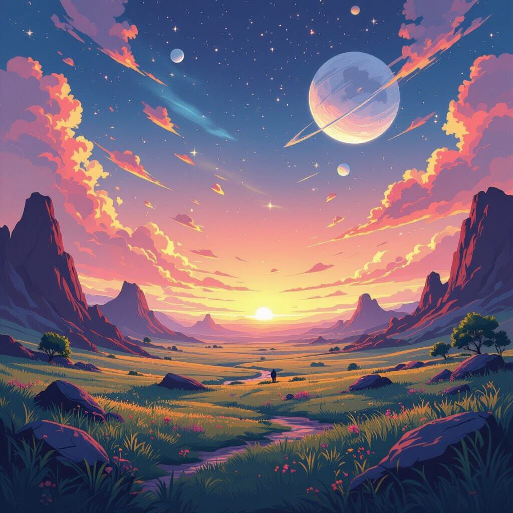 Vibrant Interstellar Landscape in Manga Style