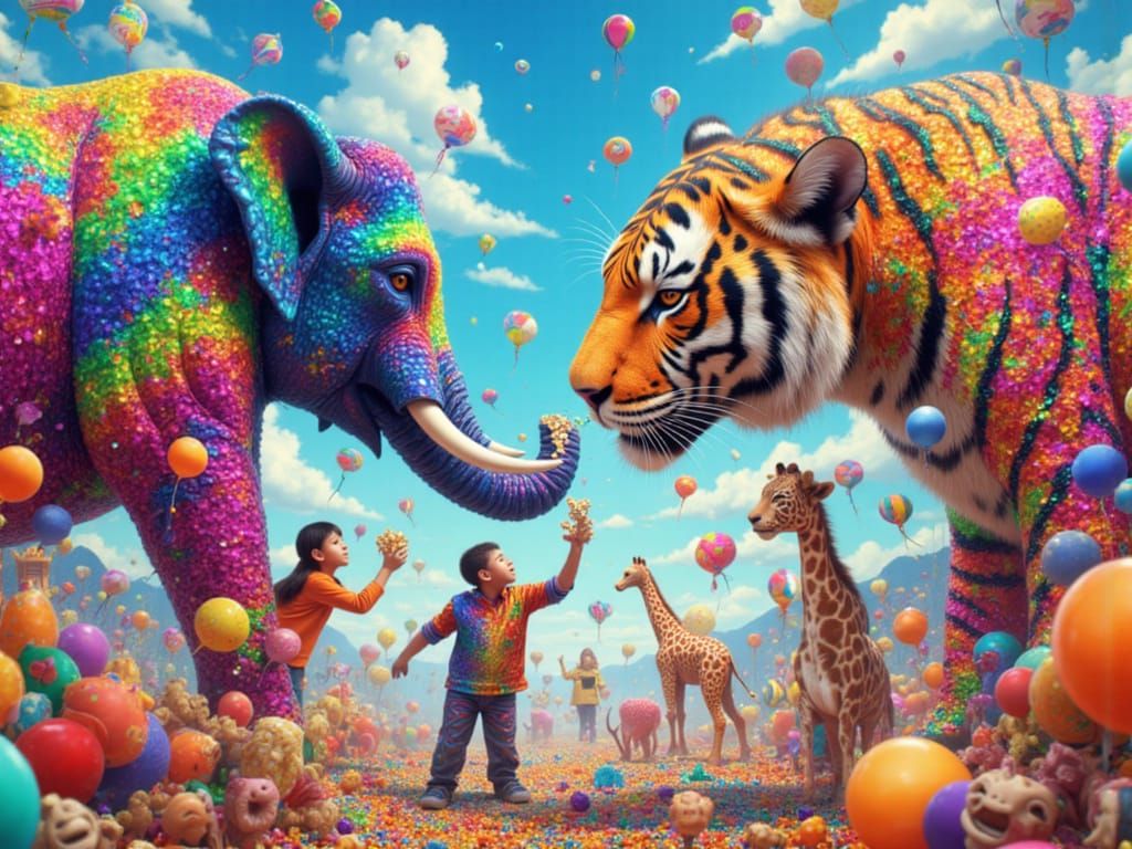 Fantastical Balloon Zoo in Carnival Surrealism Style