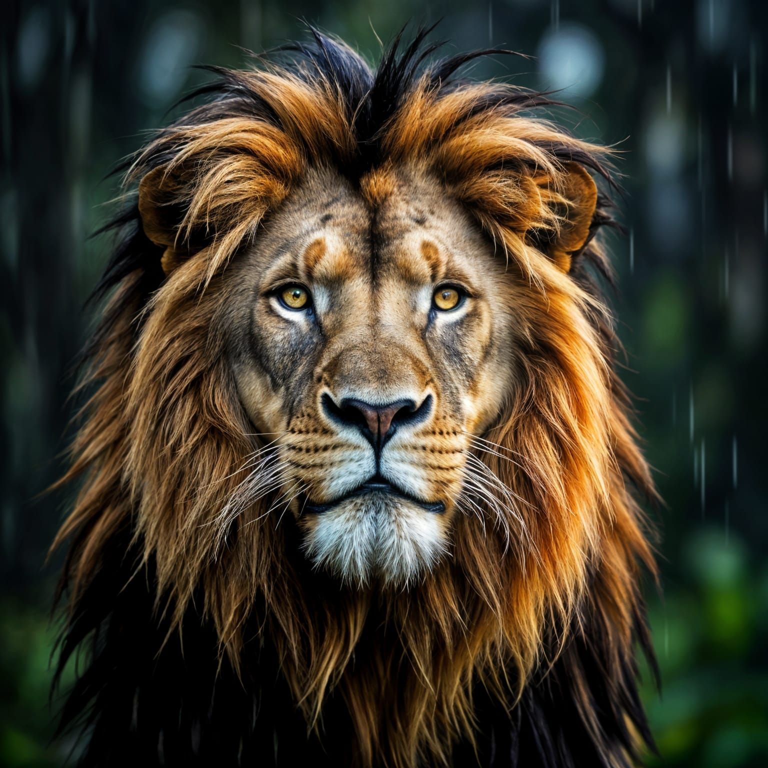 Majestic Male Lion in Rain, Hyperrealistic Portrait