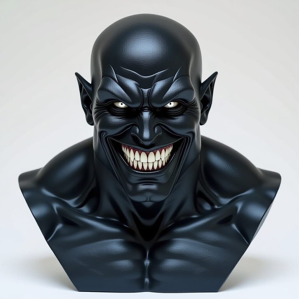 Muscular Obsidian Statue With Evil Smile And Silver Eyes